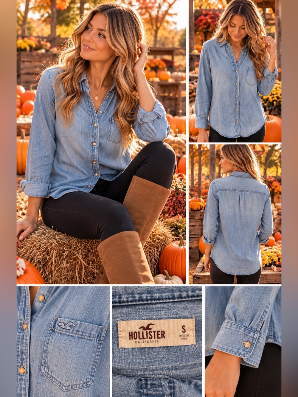 Hollister Women’s Small Light Wash Chambray Denim Button Down Shirt